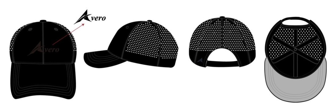 Technical drawing of the black perforated cap with the Avero logo, from four angles