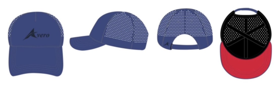 Technical drawing of the navy perforated cap with a red under-brim, from four angles